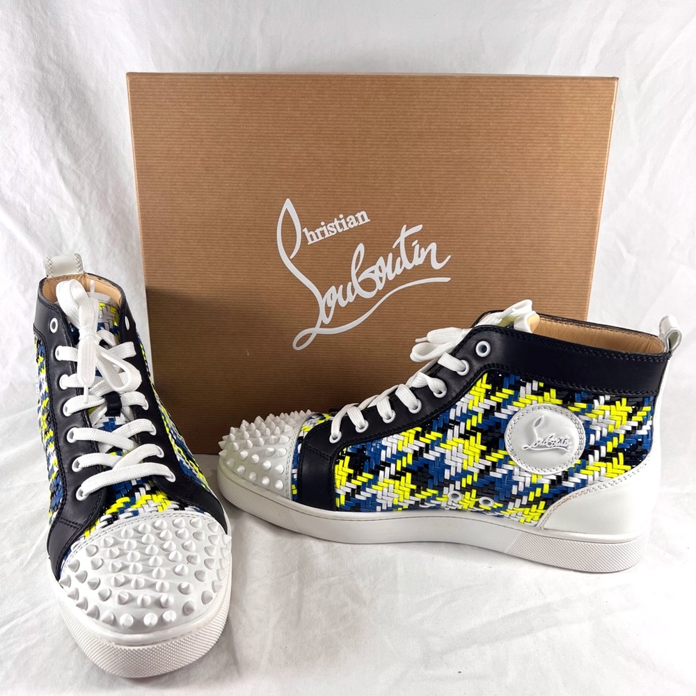 CHRISTIAN LOUBOUTIN Multicolor Woven Leather Spiked Cap Toe High Top Sneakers